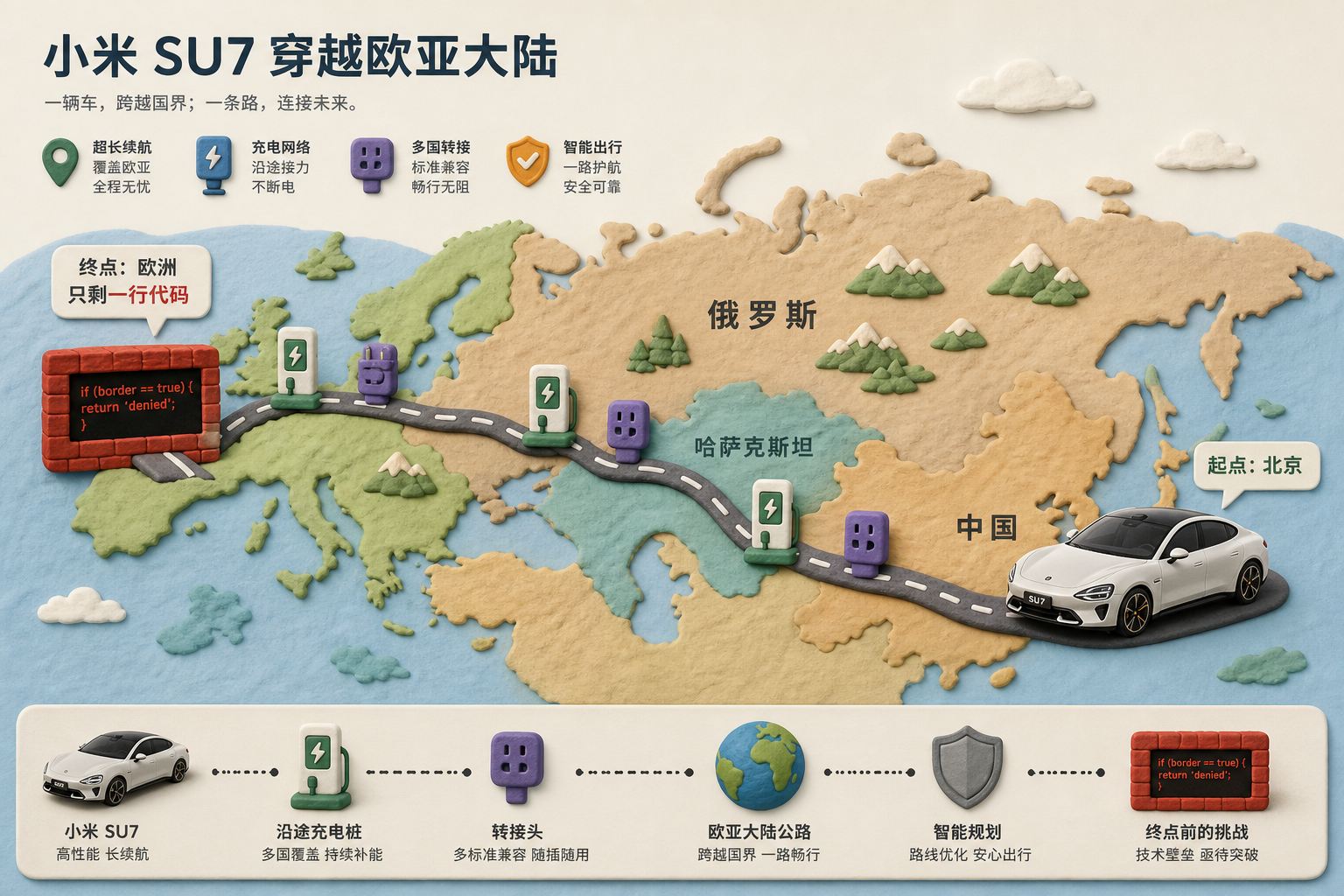 小米 SU7 沿欧亚大陆公路穿越哈萨克斯坦俄罗斯抵达欧洲，沿途充电桩与转接头组成连续路线，终点前只剩一行红色代码形成路障，浅色背景的商业评论版橡皮泥平面信息图的统一风格。