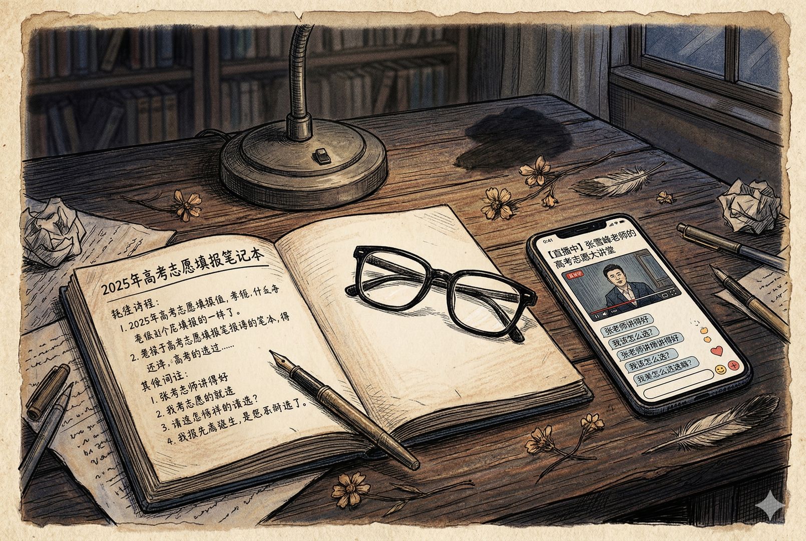 深色书桌上摊开高考志愿笔记本与手机直播界面，旁边放着一副黑框眼镜和熄灭的台灯，画面带有悼念气氛，羊皮纸，钢笔彩色手绘的统一风格。