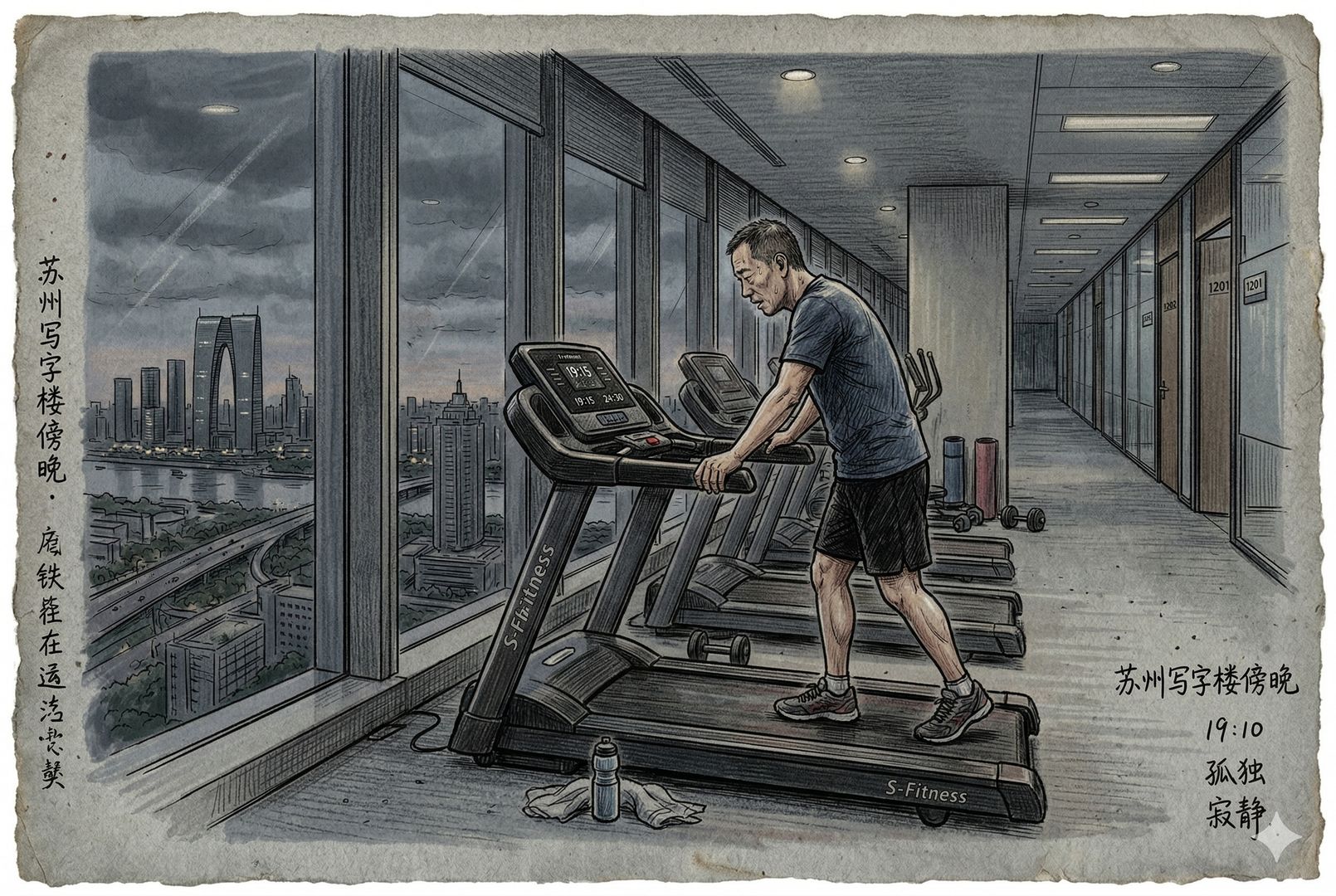 苏州写字楼傍晚的跑步机区域，一位中年男性刚结束运动扶着栏杆，窗外天色灰暗，公司走廊静默无人，现场带有突发事件前的压抑感，羊皮纸，钢笔彩色手绘的统一风格。