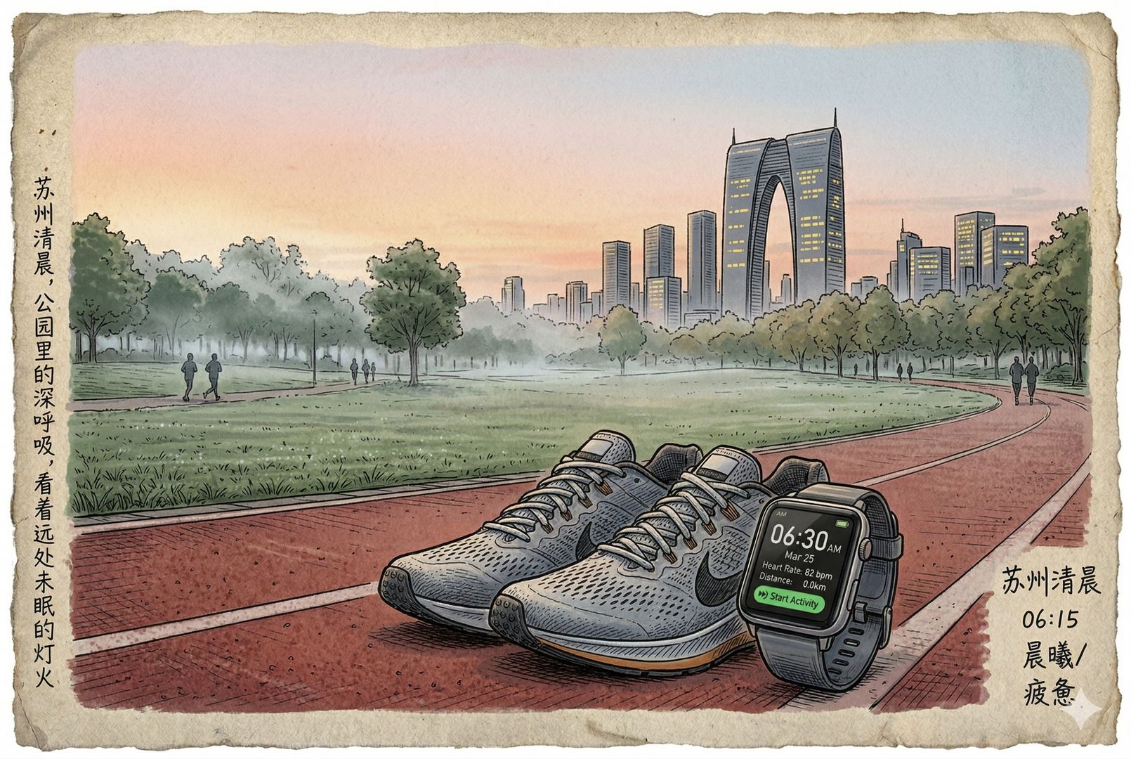 清晨城市公园跑道上，前景是跑鞋与运动手表，远处叠加写字楼加班灯火，形成运动与过劳对照的场景，羊皮纸，钢笔彩色手绘的统一风格。