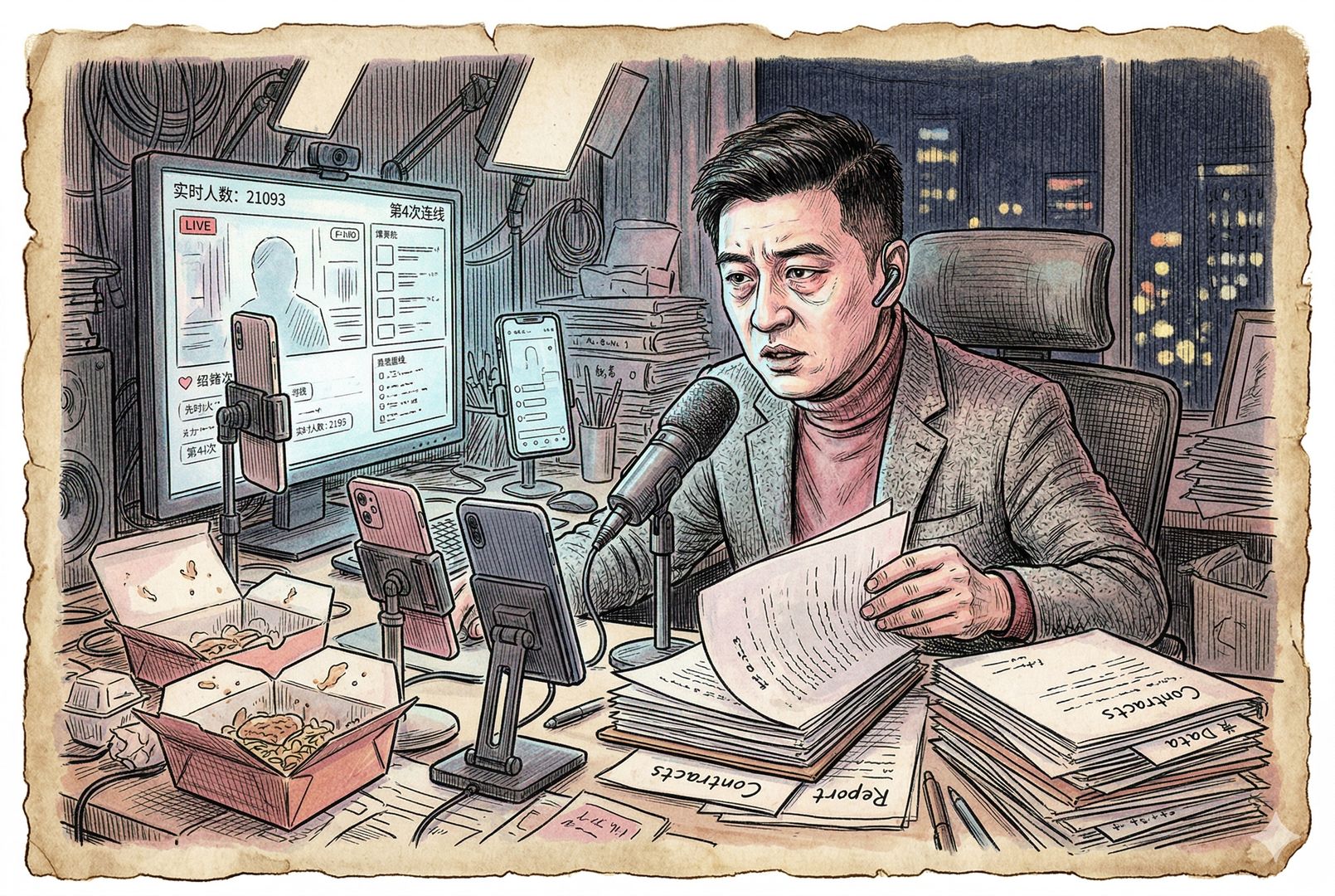 深夜直播间里堆满外卖盒、资料和手机支架，主持人一边连线一边翻看文件，屏幕冷光照亮疲惫神情，羊皮纸，钢笔彩色手绘的统一风格。