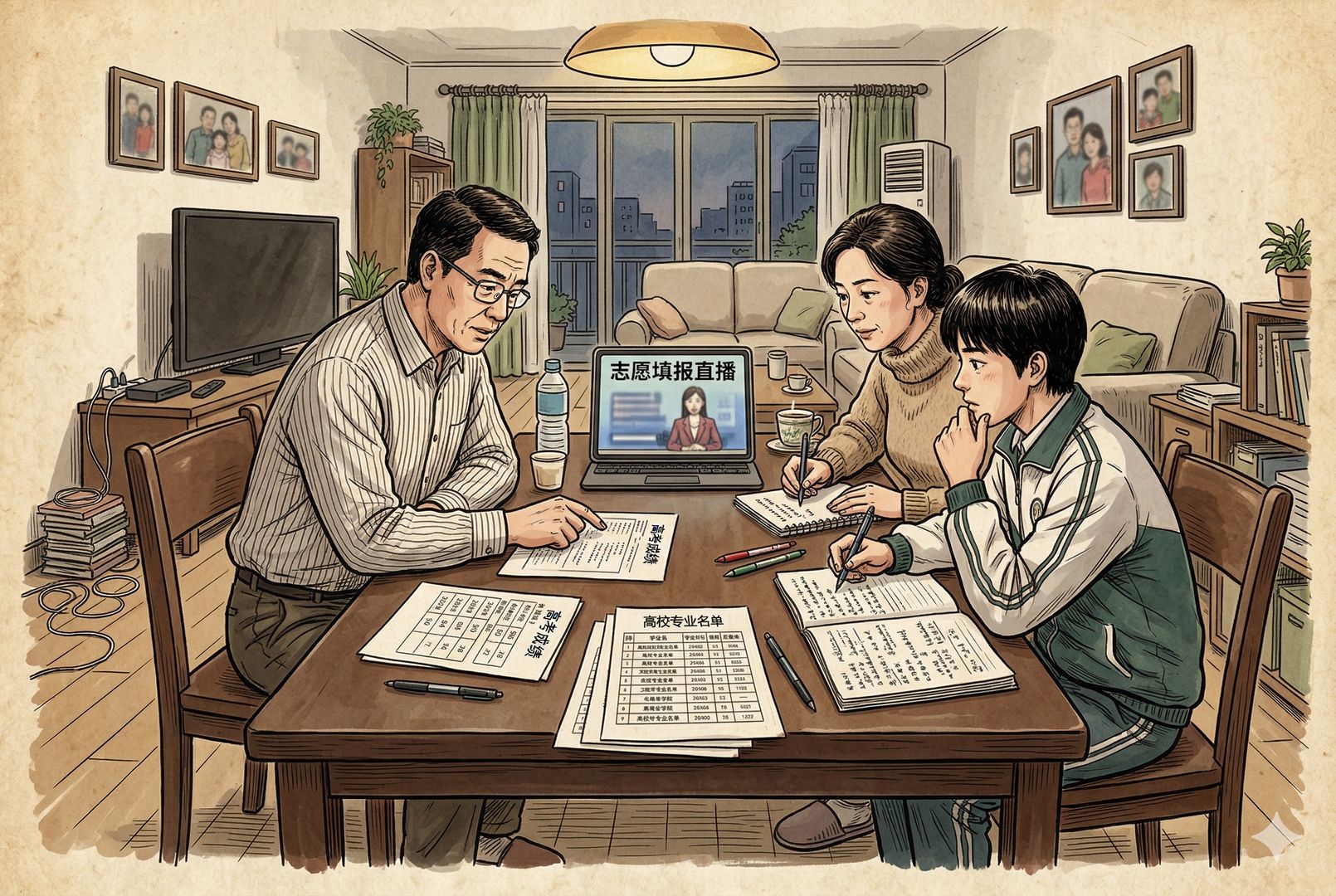 普通中国家庭客厅里，父母和高中生围着餐桌看志愿填报直播，桌上摊着分数单、院校名单和手写笔记，神情专注，羊皮纸，钢笔彩色手绘的统一风格。