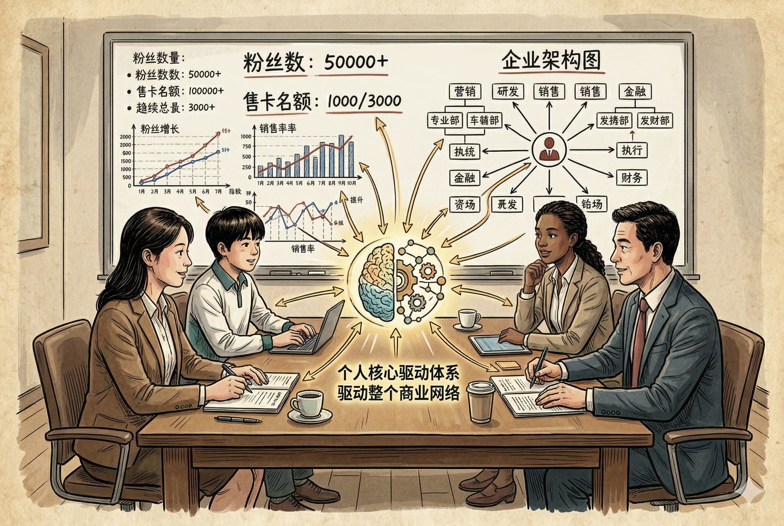会议室白板上写满粉丝数、售卡名额和企业架构图，桌边围坐团队成员，中央留出一个明显的核心位置，表现个人驱动整个商业体系，羊皮纸，钢笔彩色手绘的统一风格。