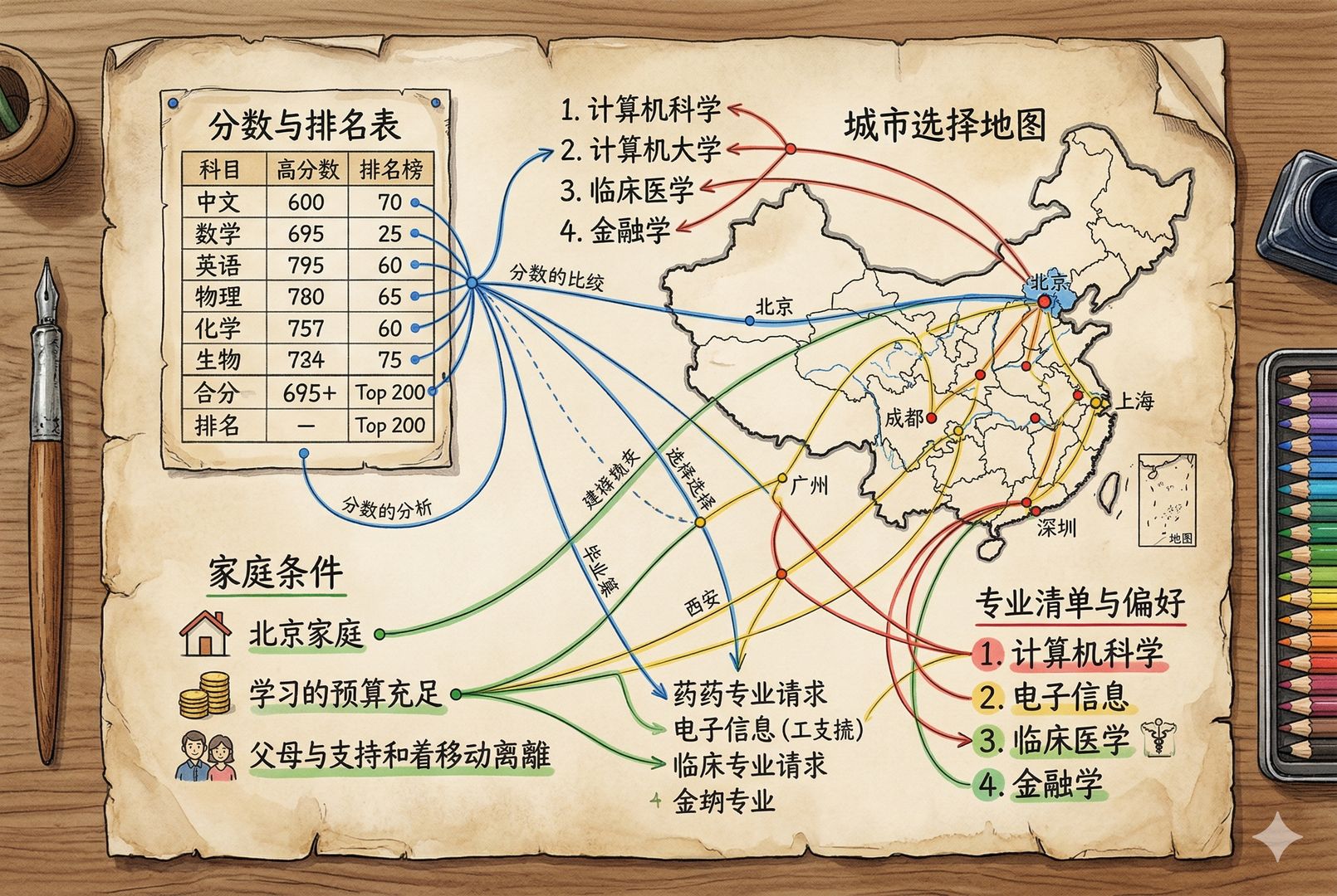 一张高考志愿规划桌面俯视图，分数表、家庭条件、城市地图和专业清单被不同颜色标注连接，像一幅精密决策图，羊皮纸，钢笔彩色手绘的统一风格。