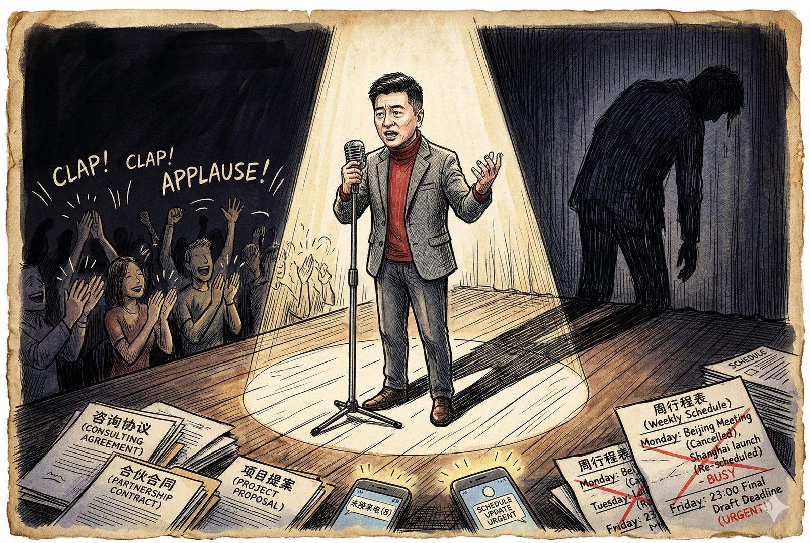 聚光灯下的演讲者站在舞台中央，台下掌声热烈，但他身后拖出长长的疲惫阴影，舞台边缘堆着合同、手机和未完成的行程单，羊皮纸，钢笔彩色手绘的统一风格。