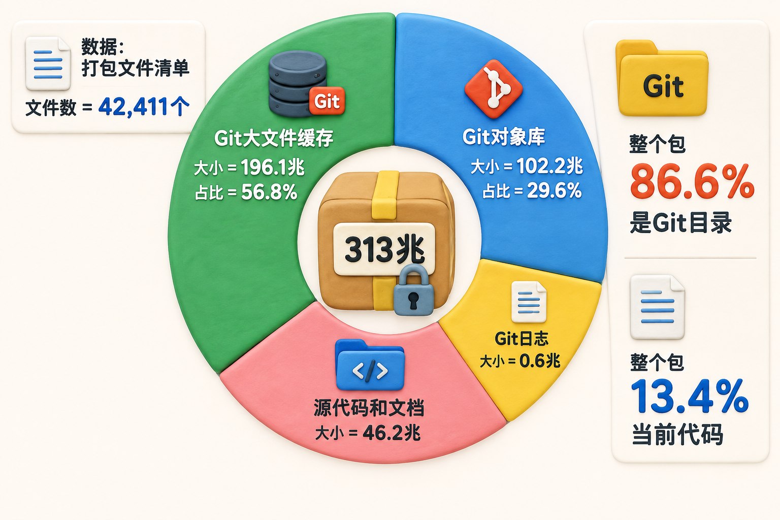 正中央为一个标注“313兆”的加密包,周围以平面环形分区展示Git大文件缓存、Git对象库、Git日志、源代码和文档,并在侧边突出“86.6%是Git目录”“当前代码只有13.4%”;整个画布使用均匀明亮的纯浅色底,不要暗角、黑边、渐暗阴影或聚光效果