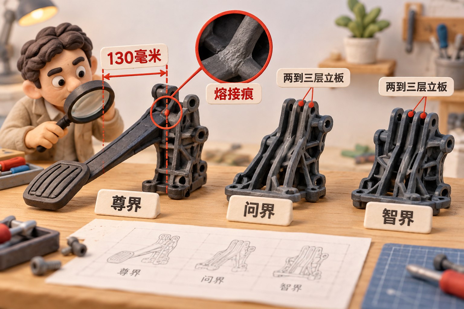 桌上摆放尊界、问界、智界三个立体踏板支架,手工捏塑的尊界踏板向一侧伸出,局部放大镜照出最受力位置的熔接痕;其他两个支架呈现多层立板,画面明确是文中拆解比较