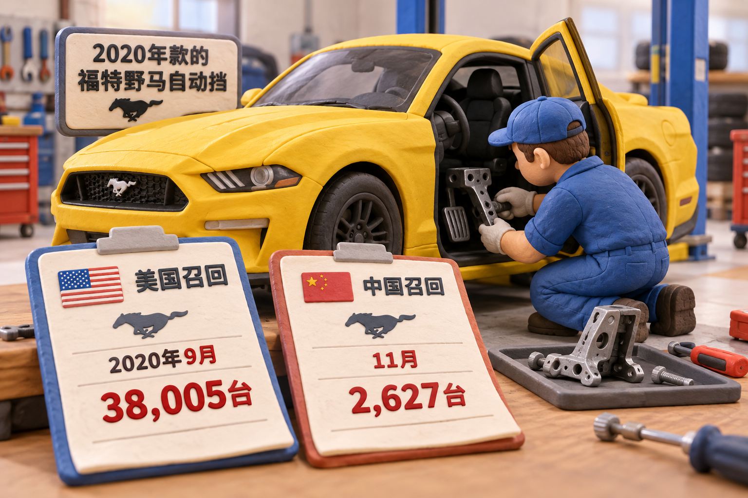 一张立体橡皮泥汽车维修台的双地区召回记录,福特野马自动挡模型旁放两张分离的工单,技师正更换踏板支架,保留美国与中国两个召回口径;可见事实元素:车旁标“2020年款的福特野马自动挡”