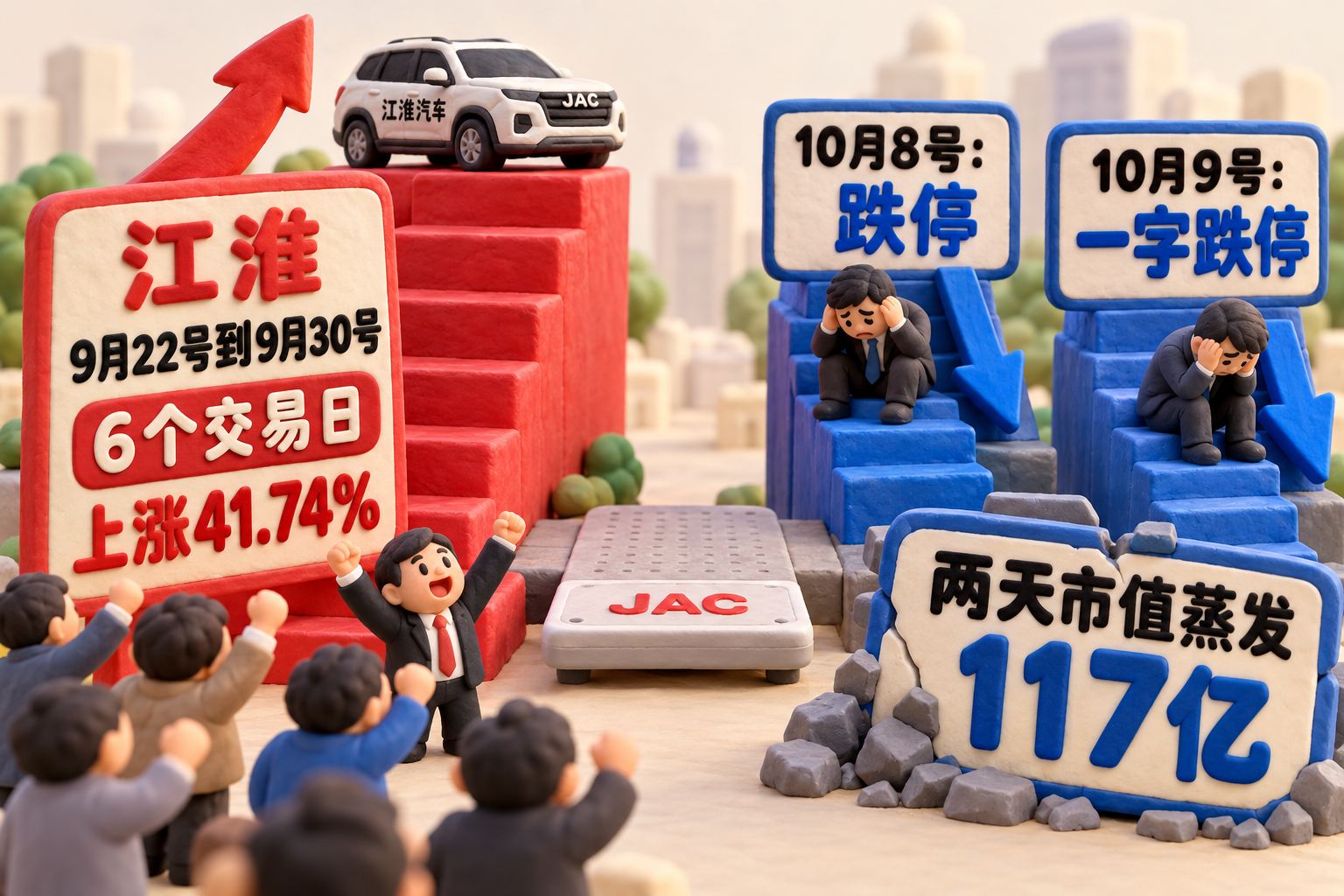 江淮汽车股票的立体橡皮泥微缩舞台,浅色背景,所有台阶、人物、道具和标牌均具有清晰手工捏塑体积,圆润造型,柔和透视景深;左边红色上涨六级台阶,顶部一个江淮汽车模型