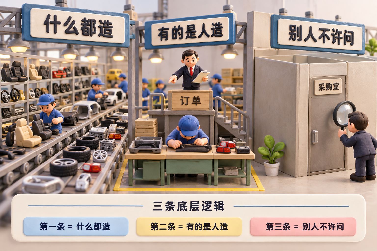 一座微缩汽车工厂被分成三个相邻场景:左侧同一条生产线摆着不同档次的零件,中间甲方站在订单高台上、乙方伏在工作台前,右侧采购室被不透明墙围住,外面有人举起放大镜却无法看见踏板选件;可见事实元素:三个场景的短标签分别为“什么都造”“有的是人造”“别人不许问”,它们是原文提出的三条底层逻辑,不把观点画成经过核实的客观排名