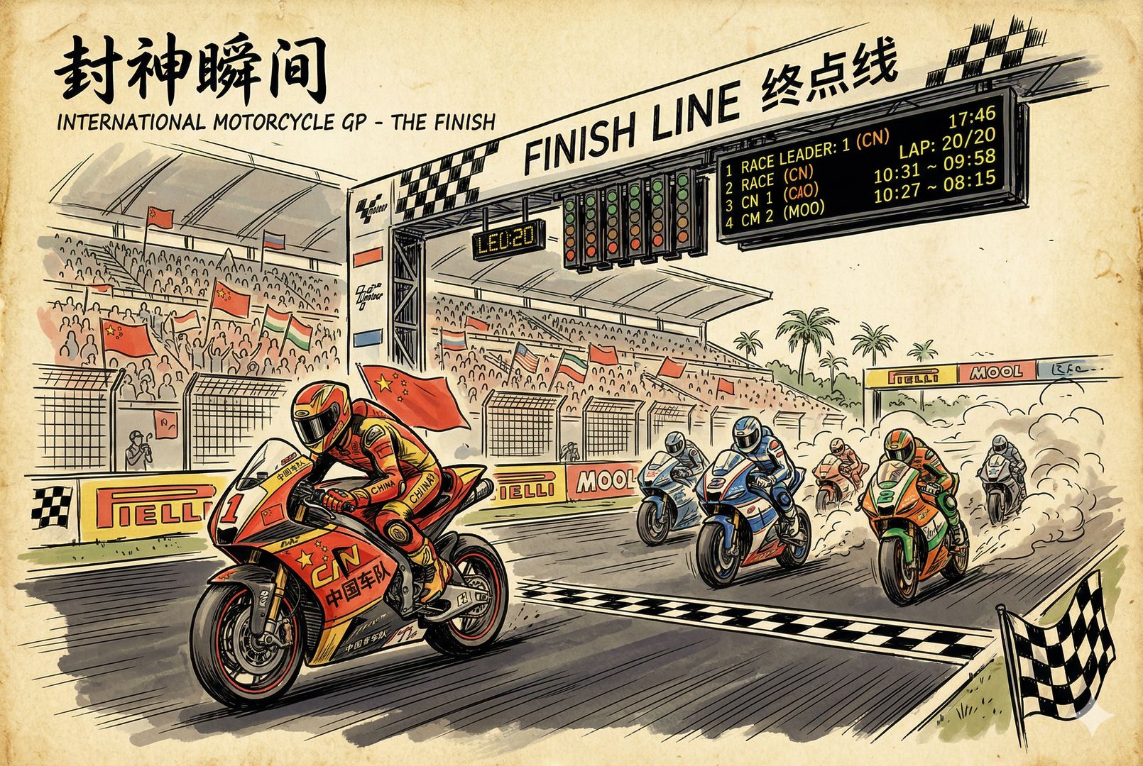 国际摩托车赛道上的封神瞬间,一辆带有中国团队气质的赛车在终点前大幅领先,后方多辆赛车仍在激烈缠斗,看台与计时牌清晰可见,速度感强烈,羊皮纸,钢笔彩色手绘的统一风格。