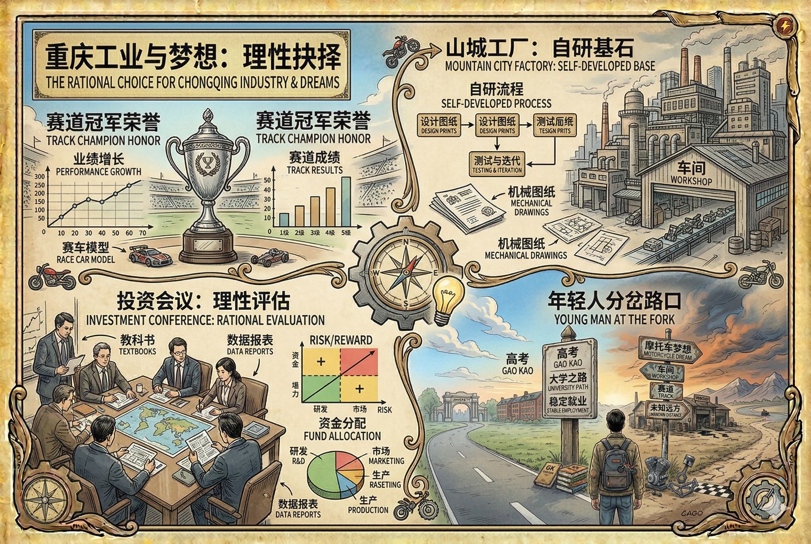 一张复古信息图式画面，赛道冠军奖杯、重庆山城工厂、投资会议桌、年轻人分岔路四个场景被组合在同一画面中，形成文章核心观点的视觉总结，层次清晰，羊皮纸，钢笔彩色手绘的统一风格。