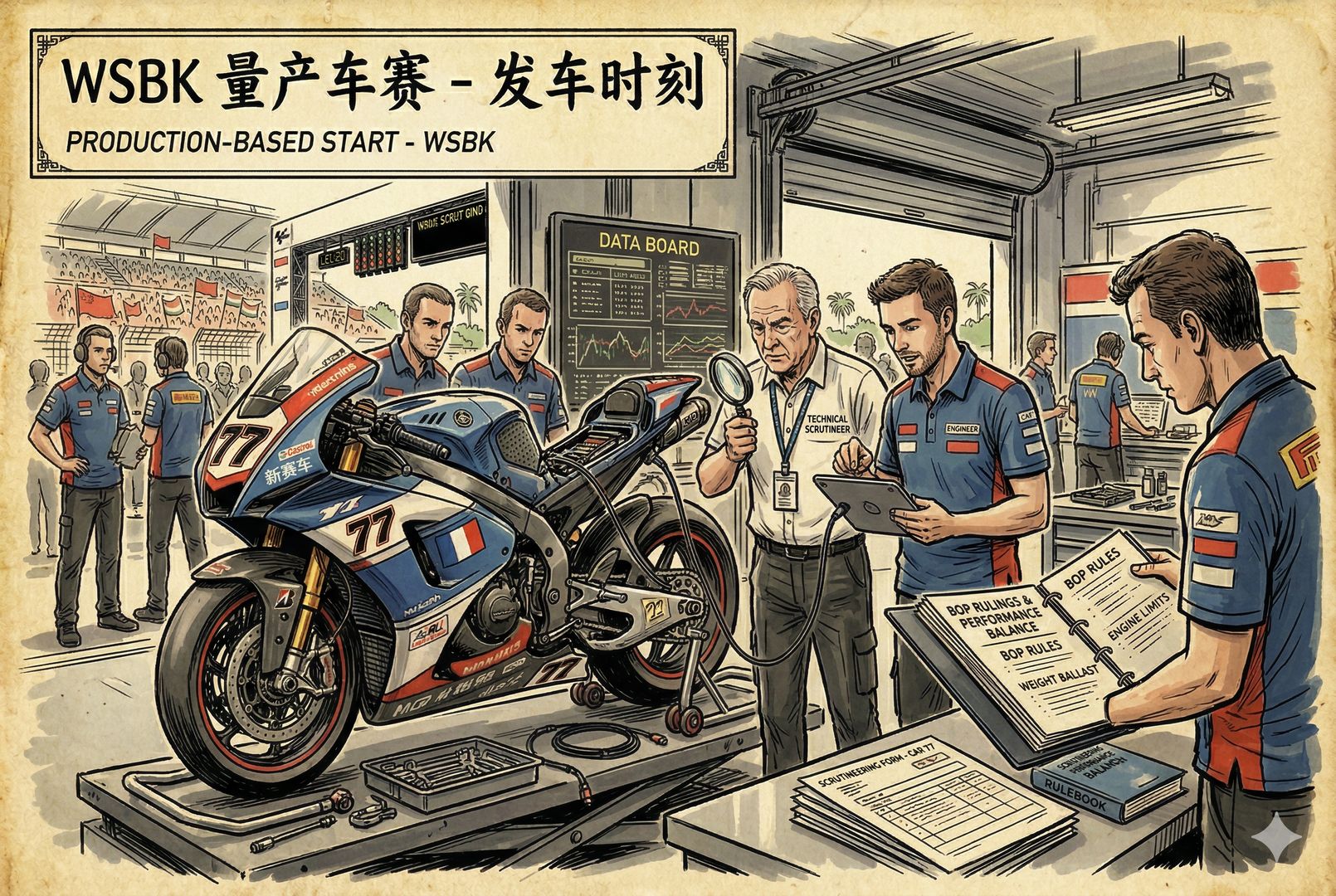 赛事技术审查场景，一辆新参赛车被架在检修台上，裁判与工程师围着发动机、ECU和数据板仔细检查，旁边放着写有BOP和平衡性能的规则文件，呈现规则边界与技术博弈，羊皮纸，钢笔彩色手绘的统一风格。