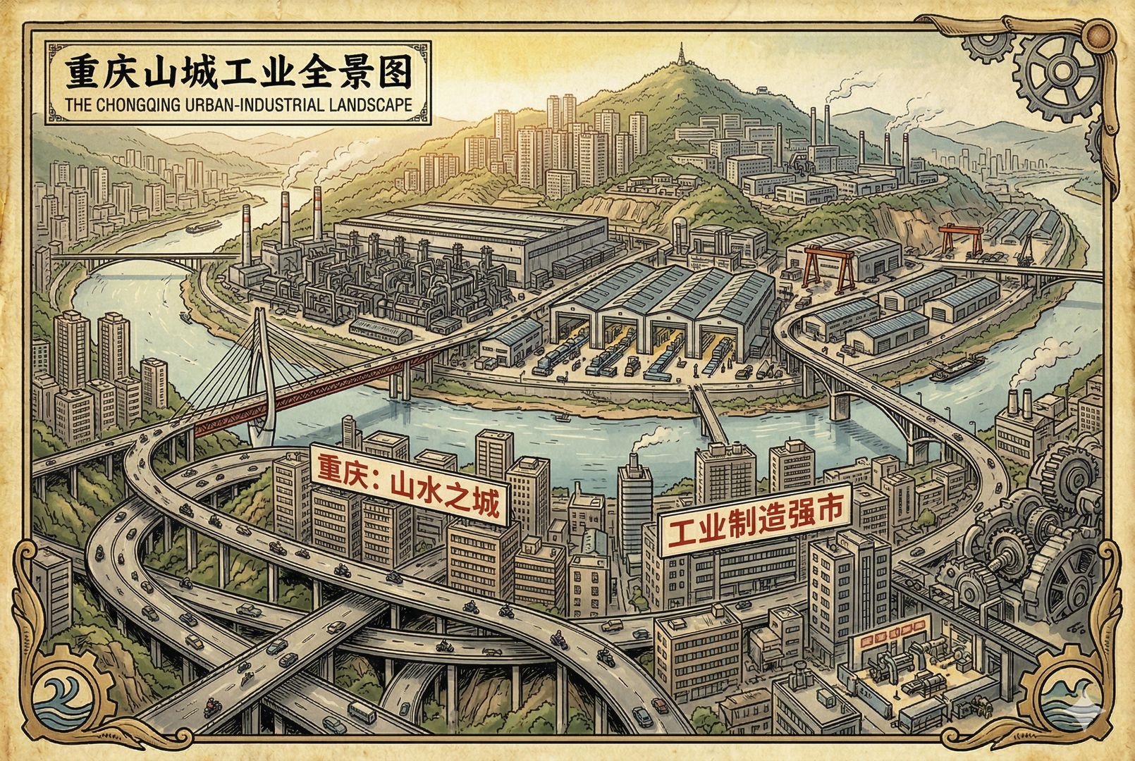 重庆山城与工业区结合的鸟瞰画面，层叠道路、江边桥梁、摩托车穿行街道，远处是密集厂房与装配车间，城市地形和制造业气质同时显现，羊皮纸，钢笔彩色手绘的统一风格。