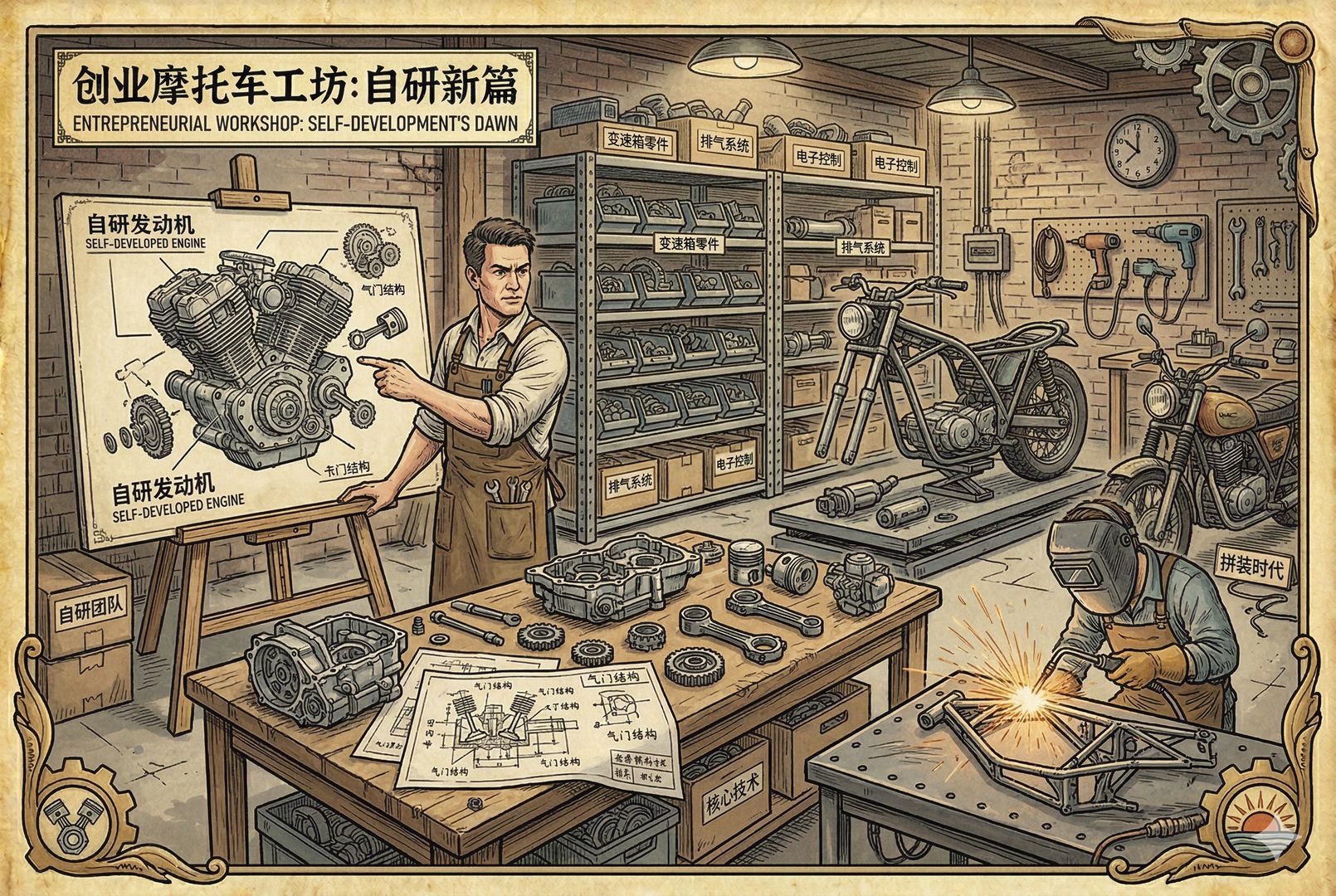 一间创业早期的摩托车工坊内部，拆开的发动机、变速箱、图纸和焊接台散布四周，一位执拗的创业者站在零件架前指着自研发动机草图，体现从拼装到自研的转折，羊皮纸，钢笔彩色手绘的统一风格。