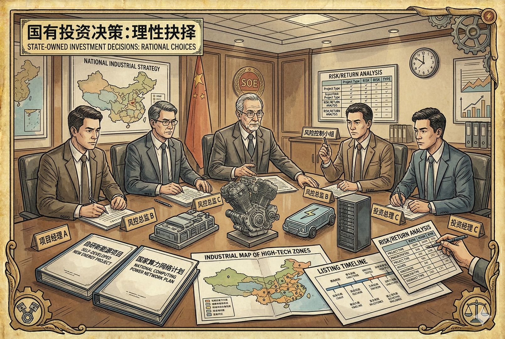 一间国资风格的会议室内，几位投资经理面对项目材料、产业地图和上市时间表审慎讨论，桌上同时摆着摩托车模型与新能源、算力项目文件，体现投资取舍与理性权衡，羊皮纸，钢笔彩色手绘的统一风格。