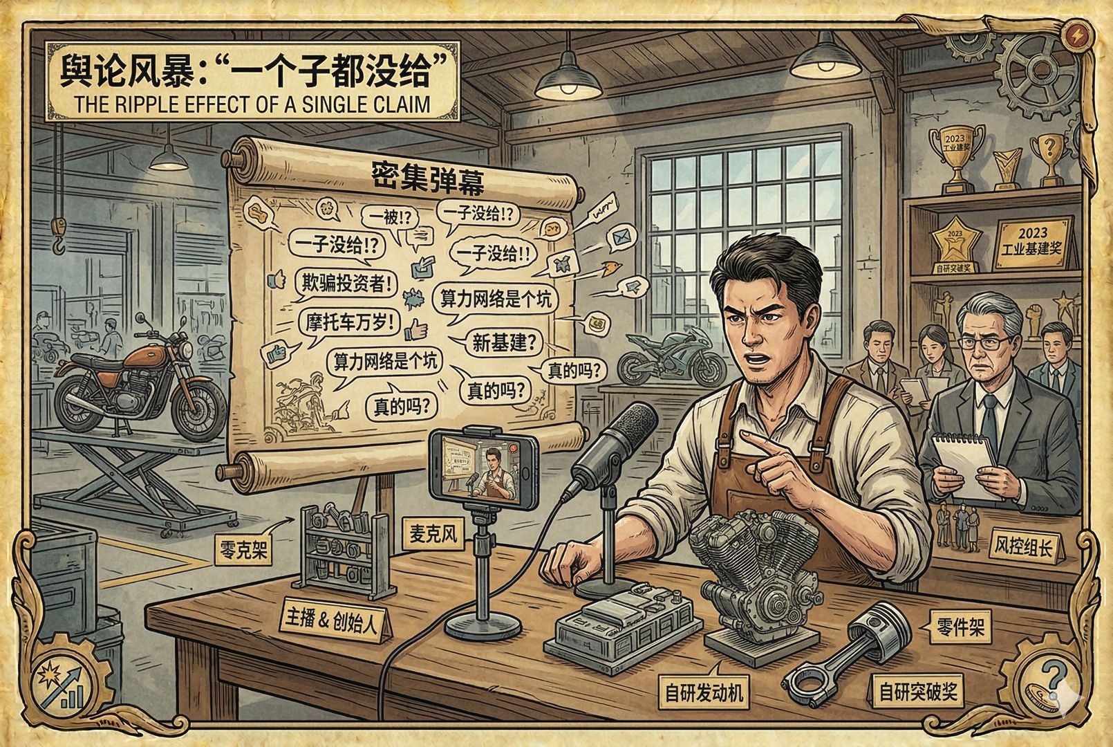 直播镜头前的创业者神情直接，桌上放着话筒、手机支架和摩托车零件，屏幕弹幕密集飞过，背景隐约可见厂房与奖杯，呈现一句“一个子都没给”引发的舆论震荡，羊皮纸，钢笔彩色手绘的统一风格。
