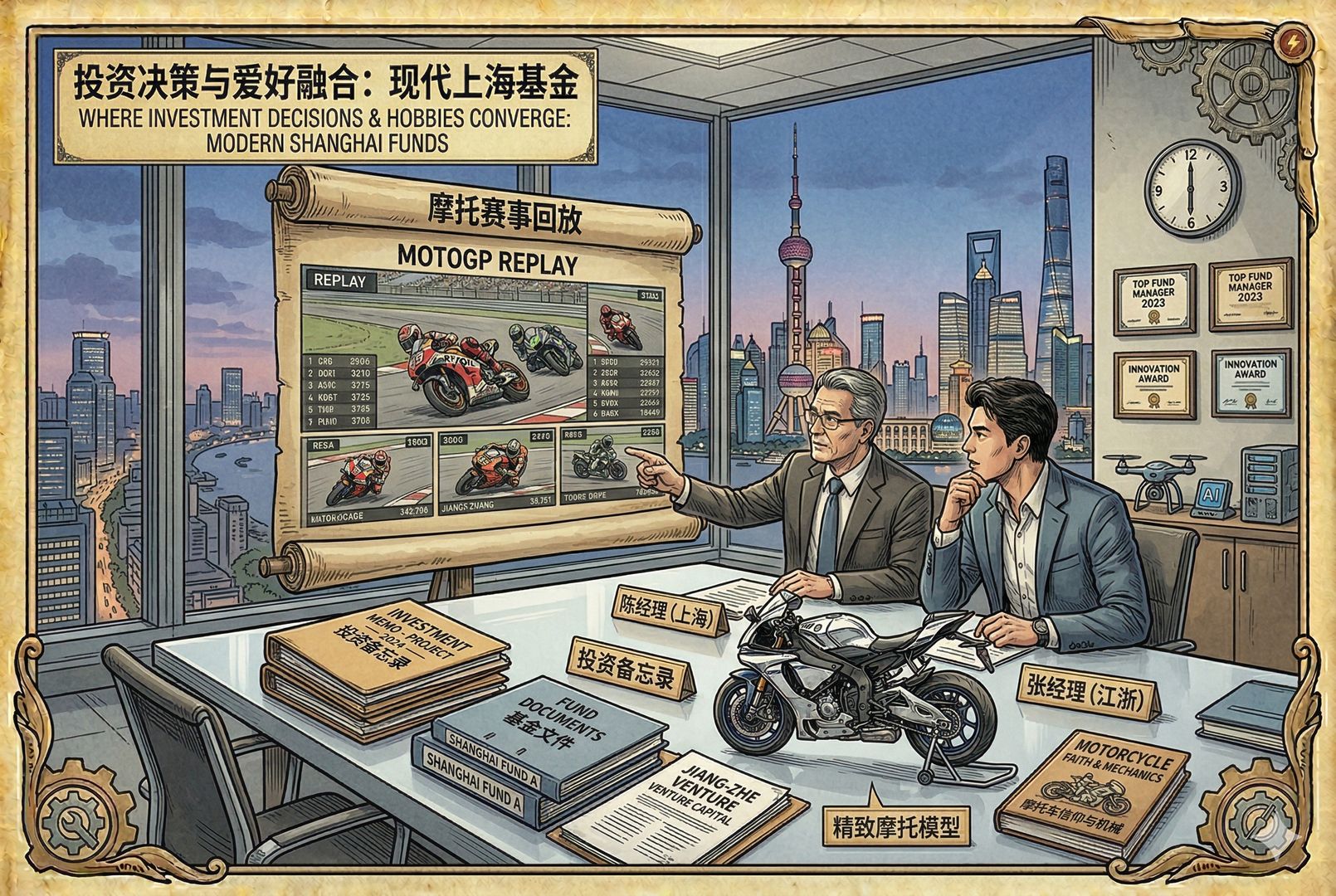 上海与江浙基金经理在现代办公室里看摩托赛事回放，窗外是城市天际线，桌上有投资备忘录、基金文件和一辆精致摩托模型，投资决策中掺杂爱好与信仰，羊皮纸，钢笔彩色手绘的统一风格。