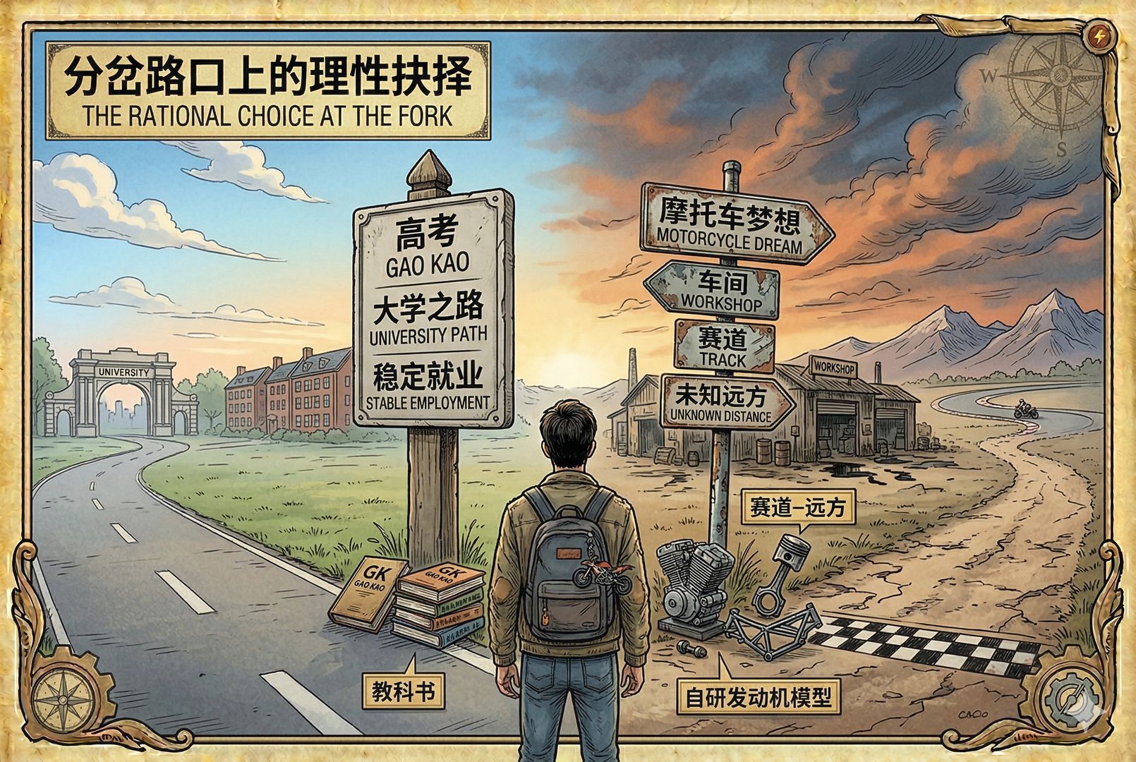 分岔路口上的年轻人背影，一边是高考、大学、稳定就业的道路标识，另一边是摩托车、车间、赛道与未知远方，天空与地面形成鲜明对照，象征理想与确定性的选择，羊皮纸，钢笔彩色手绘的统一风格。